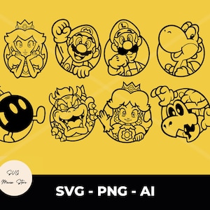 Super Mario Face SVG Pack: Princess Peach, Luigi, Bowser (Digital Download)
