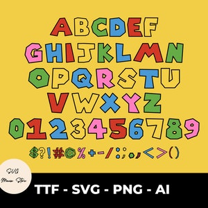Super police de caractères, lot de polices Mario coloré, police de caractères, 5 polices de caractères aux couleurs vives, alphabet Mario PNG, TTF, police numérique Cricut, police Mario Svg