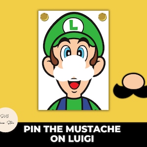 Pin the Moustache no Luigi Digital - Jogo de festa interativo para impressão para crianças - Atividade divertida de aniversário - PDF - Download instantâneo