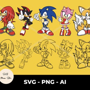 May include: A set of ten digital clip art images featuring characters from the Sonic the Hedgehog video game franchise. The characters include Sonic, Tails, Knuckles, Amy, Shadow, and more. The images are in both color and black and white.