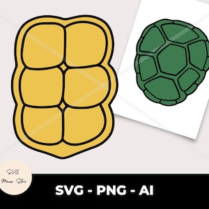 May include: A digital graphic illustration featuring a yellow turtle plastron with six distinct segments and a separate green turtle shell with a hexagonal pattern. The image includes the text SVG Mouse Store and the file formats SVG, PNG, and AI.