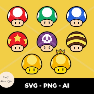 Paquete de hongos retro de Super Mario, 8 archivos SVG en capas, hongo venenoso, descarga digital, archivo de corte Cricut