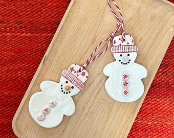 Snowman White & Red handmade Christmas ornament, stars pattern