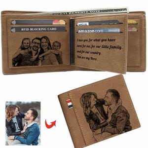 Billetera personalizada para hombre con foto grabada personalizada, regalos de aniversario personalizados para él, billetera grabada a mano, regalo del día del padre