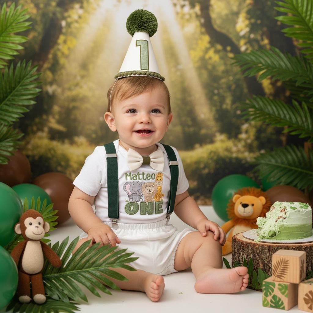 Personalised Safari Birthday Outfit - Neutral Bloomers Cake Smash Set