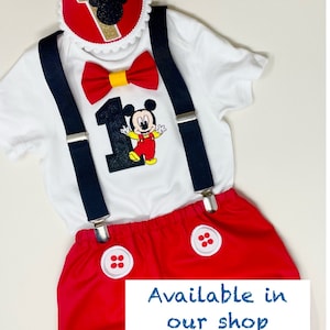 Disney Mickey Mouse, Personalised Baby Boys 1st Birthday Cake Smash Outfit, Handmade Gift, baby keepsake, blue bloomers, bow-tie, braces UK image 9
