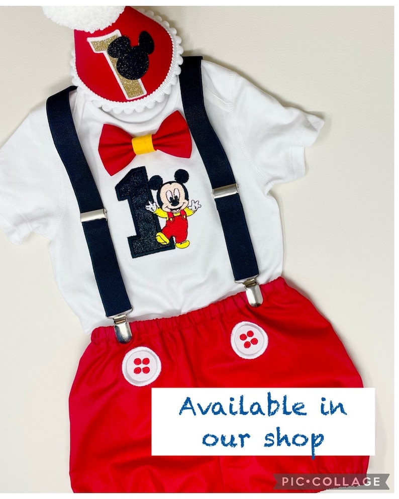 Disney Mickey Mouse, Personalised Baby Boys 1st Birthday Cake Smash Outfit, Handmade Gift, baby keepsake, blue bloomers, bow-tie, braces UK image 9