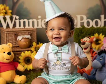 May include: A smiling baby wearing a mint green outfit with suspenders, a bow tie, and a party hat with the number 1. The outfit features a Winnie the Pooh design and the name "Leo Feeney". Winnie the Pooh and other stuffed animals are in the background.
