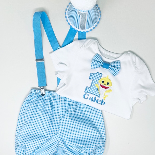 Personalised Baby Shark Boy's Luxury 1st Birthday Cake Smash Party Outfit 12 blue gingham - bloomers nappy cover shorts bow-tie, hat UK