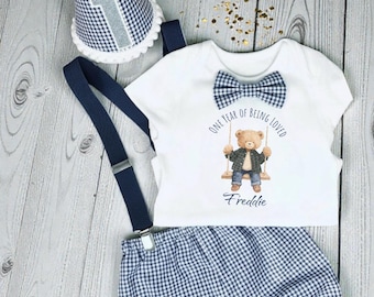 Personalised Teddy Bear Cake Smash Outfit, Baby Boy First Birthday Set
