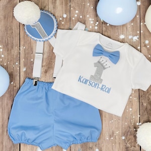 Personalised Baby Blue Boy's 1st Birthday Cake Smash  Party Outfit Handmade 12-18 nappy cover bloomer shorts, bow tie, party hat, onesie UK