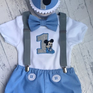 Disney Mickey Mouse, Personalised Baby Boys 1st Birthday Cake Smash Outfit, Handmade Gift, baby keepsake, blue bloomers, bow-tie, braces UK image 3