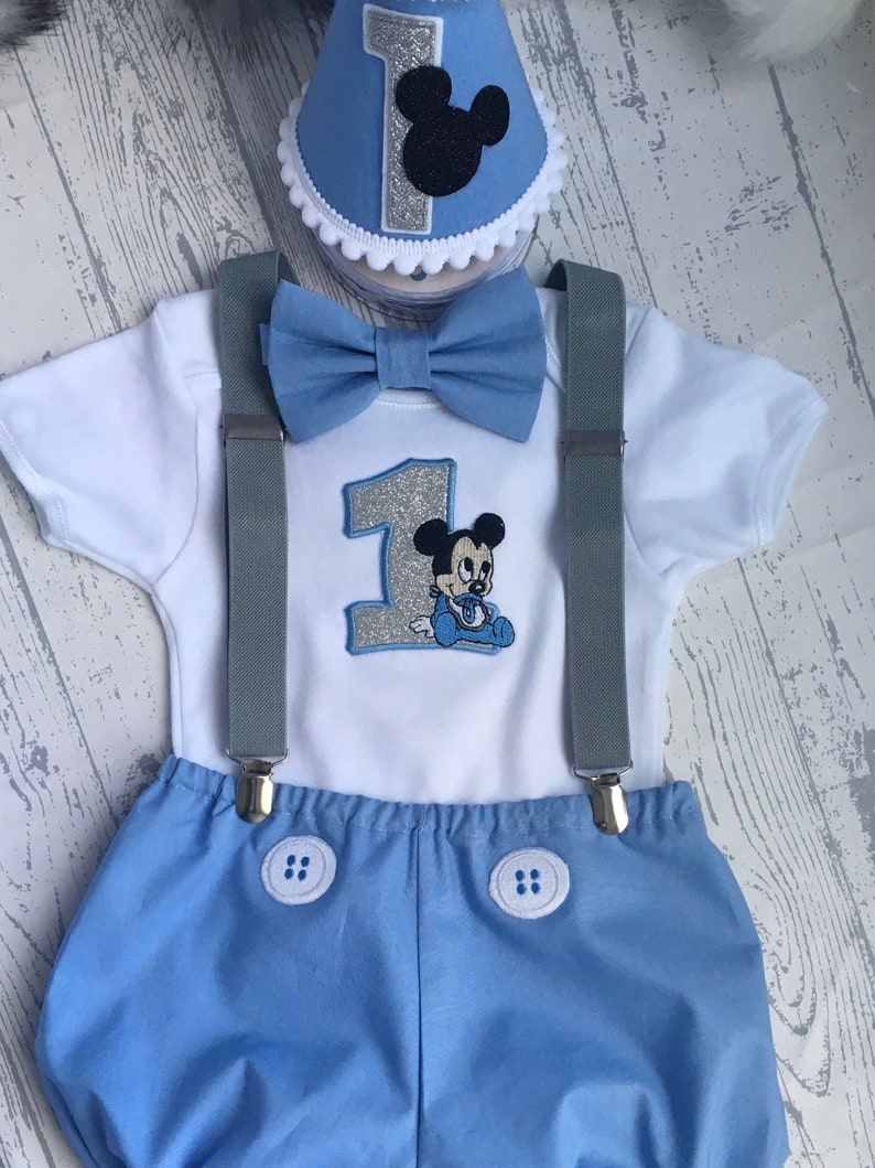 Disney Mickey Mouse, Personalised Baby Boys 1st Birthday Cake Smash Outfit, Handmade Gift, baby keepsake, blue bloomers, bow-tie, braces UK image 3