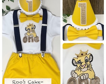 Disney Lion King Simba Mustard Yellow Boy's 1st Birthday Cake Smash  Party Outfit Handmade 12-18 dickie bow bloomers shorts hat UK