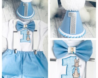 Handmade Peter Rabbit Cake Smash 1st Birthday Outfit - Blue Shorts, Hat, Personalized Bodysuit Cake Smash Party Outfit, Sizes 6m to 3yrs, UK