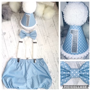 Baby Boys First Birthday Cake Smash Party Outfit Prop blue polka dot- bubble bloomers bummies shorts bow-tie, hat 6-9, 9-12 12-18, 18-24 UK