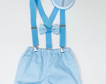 Baby Boys First Birthday Cake Smash Party Outfit Prop blue gingham - bloomers nappy cover shorts bow-tie, hat 6-9, 9-12 12-18, 18-24 UK