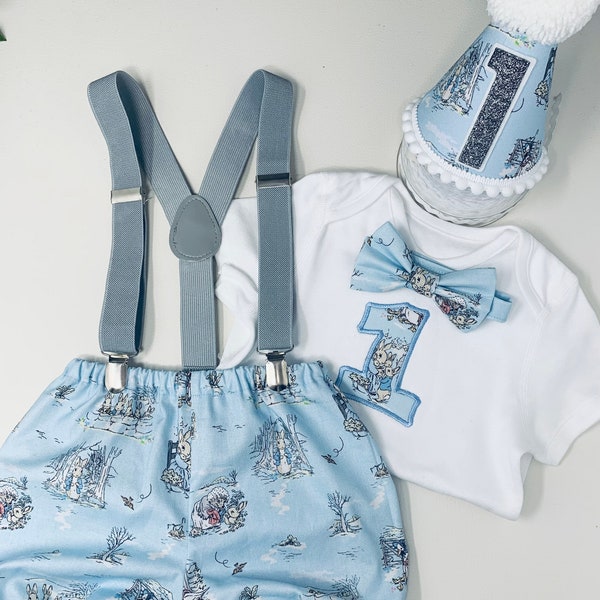 Classic Peter Rabbit Vintage Style Cute Baby Blue Boy's 1st Birthday Cake Smash  Party Outfit Handmade 12-18 bloomers shorts hat UK