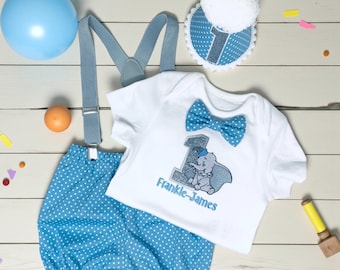 Disney Dumbo Elephant, Personalised Baby Boy's 1st Birthday Cake Smash  Outfit, Blue Polka Dot, Handmade, birthday party, party hat, uk