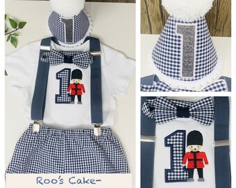 Baby Boy's Navy Gingham Queen's London Guard 1st Birthday Cake Smash  Party Outfit Handmade 6months to 3 years bloomers, party hat, UK