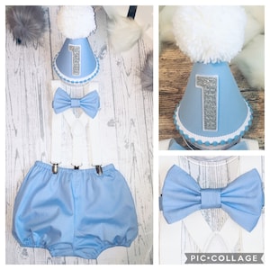 Adorable Boys Cake Smash Outfit - Blue Cotton Set with Shorts, Bow, Braces, and Party Hat. Perfect 1st Birthday Attire! Shop now. #BabyBoy