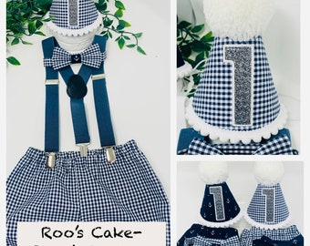 Baby Boys First Birthday Cake Smash Party Sailor Outfit Prop navy blue gingham - bloomers nappy cover shorts bow-tie, hat 9-12 12-18, UK