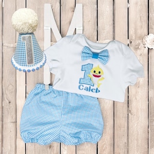Personalized Baby Shark Cake Smash Outfit: Blue Gingham, Embroidered Onesie