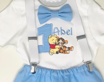 Disney Personalised Baby Winnie Pooh & Tigger Boy's Blue 1st Birthday Cake Smash Party Outfit - bubble bloomers bummies shorts bow hat UK