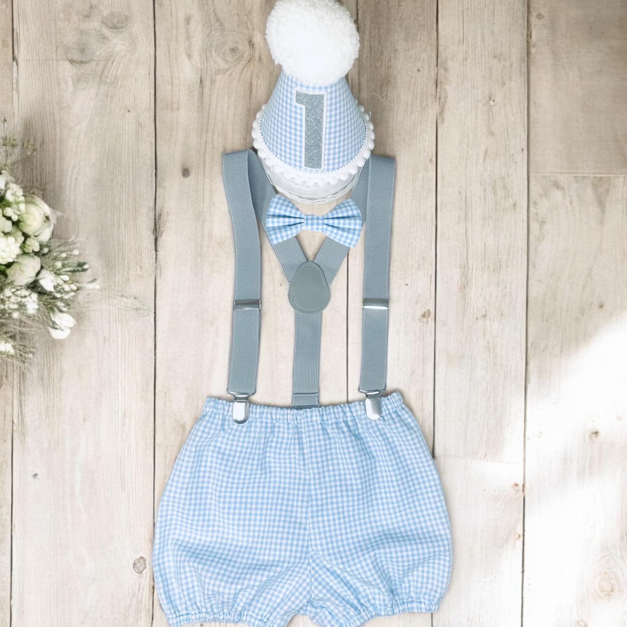 Ibtom Castle Baby Boys First Birthday Cake Smash Outfits Suspenders Bloomers Bowtie Mouse Ear Photography Props, 4-Piece 6-12 Months White-My 1st