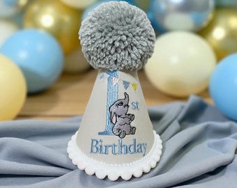 Boys Birthday Party Hat – Embroidered Elephant Cake Smash Keepsake Gift