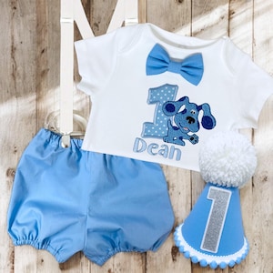 Personalised Blues Clues Baby Boy's Polka Dot 1st 2nd 3rd Birthday Cake Smash Party Outfit Handmade bloomers, bow, party hat gift UK