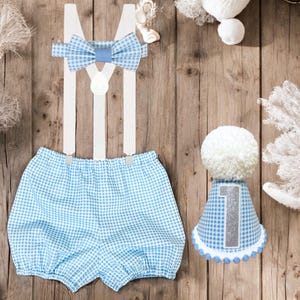 Baby Boys First Birthday Cake Smash Party Outfit Prop blue gingham - bloomers nappy cover shorts bow-tie, hat 6-9, 9-12 12-18, 18-24 UK