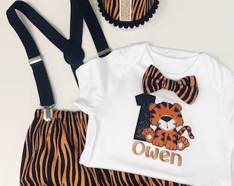 Personalised Safari Jungle Tiger Print Baby Boys 1st Birthday Cake Smash  Party Outfit Handmade 12-18 bow bloomers nappy cover shorts hat UK