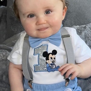 Disney Mickey Mouse, Personalised Baby Boys 1st Birthday Cake Smash Outfit, Handmade Gift, baby keepsake, blue bloomers, bow-tie, braces UK image 4