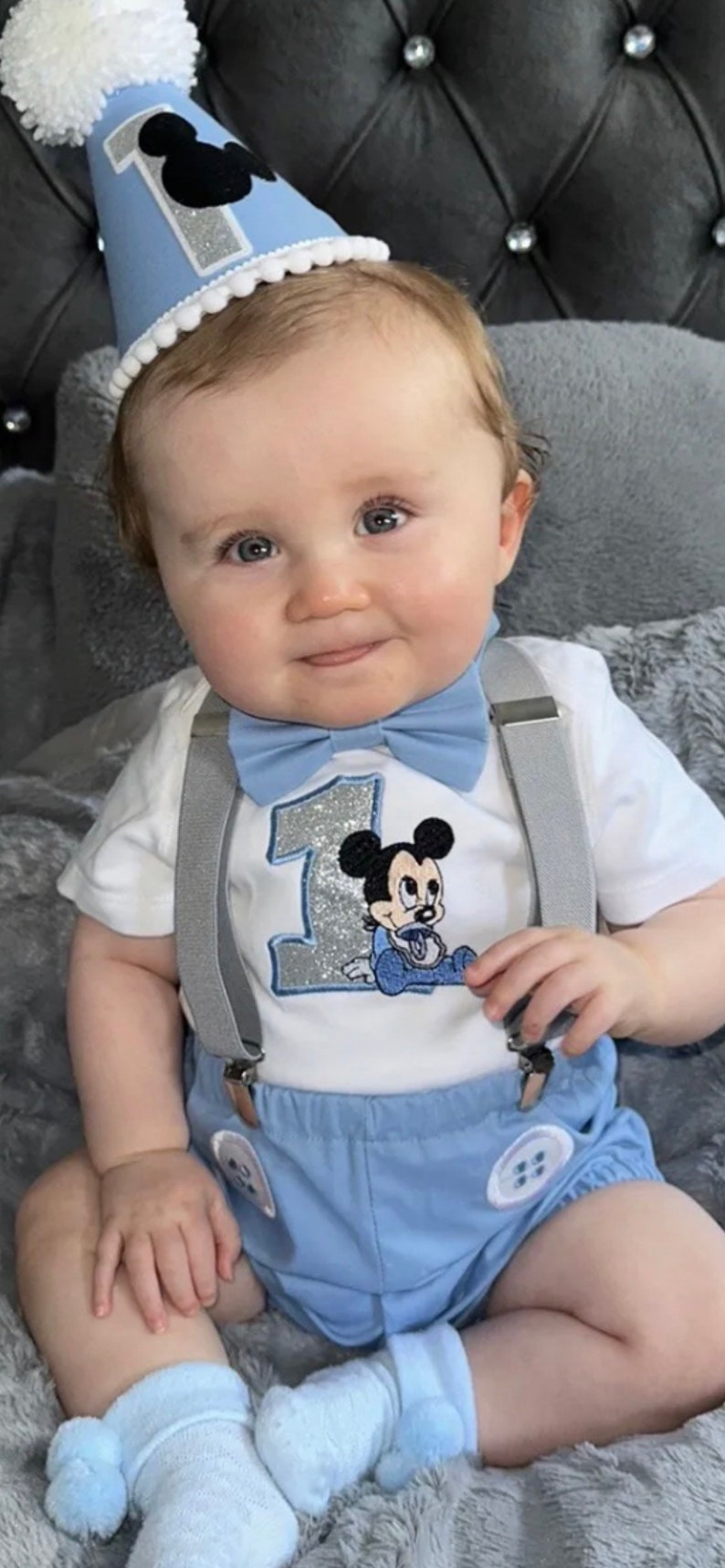 Disney Mickey Mouse, Personalised Baby Boys 1st Birthday Cake Smash Outfit, Handmade Gift, baby keepsake, blue bloomers, bow-tie, braces UK image 4
