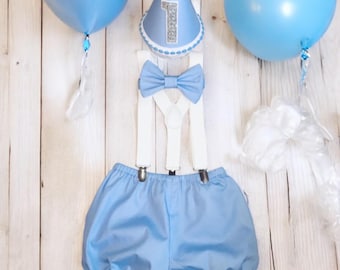 Baby Boy Blue Braces Birthday Outfit – Handmade Cake Smash Set