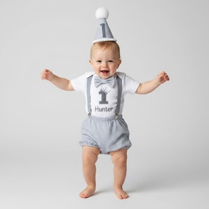 Personalised Silver Grey Crown 1st Birthday Outfit – Baby Cake Smash Set Boy