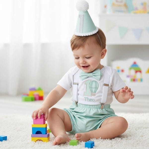 Mint Green Hot Air Balloon Cake Smash Outfit – Personalised 1st Birthday Boy