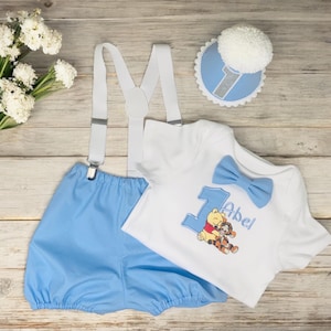 Disney Personalised Baby Winnie Pooh & Tigger Boy&#39;s Blue 1st Birthday Cake Smash Party Outfit - bubble bloomers bummies shorts bow hat UK