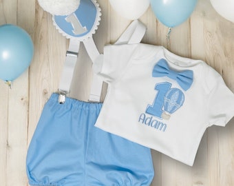 Light Blue Baby Boy Cake Smash Outfit Bloomer Diaper Cover, Suspenders and Bow Tie Set main image 0
