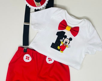 Red Disney Mickey Mouse, Personalised Baby Boys 1st Birthday Cake Smash Outfit,  Handmade Gift, baby keepsake, bloomers, bow-tie, braces UK