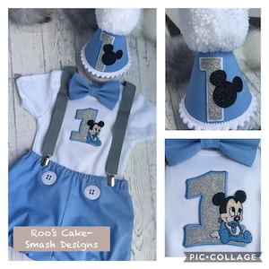 Disney Mickey Mouse, Personalised Baby Boys 1st Birthday Cake Smash Outfit, Handmade Gift, baby keepsake, blue bloomers, bow-tie, braces UK image 1