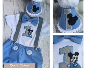 Disney Mickey Mouse, Personalised Baby Boys 1st Birthday Cake Smash Outfit,  Handmade Gift, baby keepsake, blue bloomers, bow-tie, braces UK