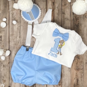 Personalised Disney Pixar Baby Blue Toy Story Woody Boy&#39;s  1st Birthday Cake Smash Party Outfit - bloomers nappy cover shorts bow-tie hat UK