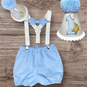 Blue Bear Cake Smash Outfit - Baby-Pumphose mit Strapshaltern & Mütze