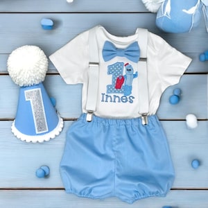 Iggle Piggle Personalised Baby Blue Boy&#39;s In the Night Garden 1st Birthday Cake Smash  Party Outfit Handmade 12-18 bloomer, bow, hat UK