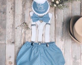 Baby Boy Cake Smash Outfit: Polka Dot Bloomers, Bow Tie & Hat