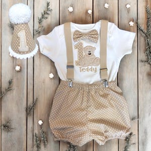Tan Polka Teddy Bear Neutral Tones Boy&#39;s  1st Birthday Cake Smash Party Outfit - bubble bloomers bummies shorts bow hat UK