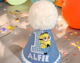 Cartoon Minion Hat | 1st Birthday Party Hat | Embroidered Cake Smash Accessory