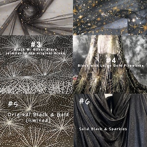 Peut inclure: Six tissus en maille noire diff&eacute;rents avec des embellissements dor&eacute;s ou argent&eacute;s. Les tissus pr&eacute;sentent des constellations, des &eacute;toiles, des feux d'artifice et des paillettes. Les tissus sont num&eacute;rot&eacute;s de 1 &agrave; 6.